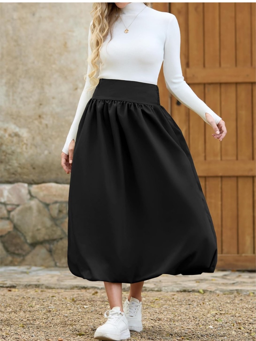 NWOT Women's Black High Wide Waist Bubble Maxi Skirt with Pockets Size Small